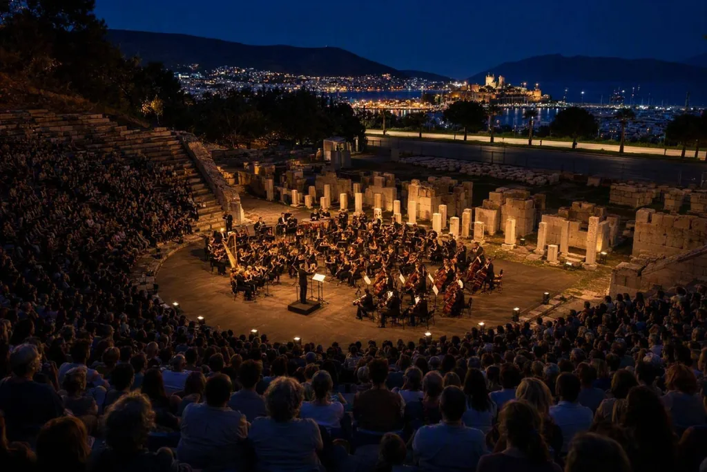 Bodrum Antik Tiyatrosu'nda konser gecesi canlandırması: dolu taş sıralar, sahnede orkestra, arkada Bodrum limanı ve kale. Commons fotoğrafından işlenmiş görsel
