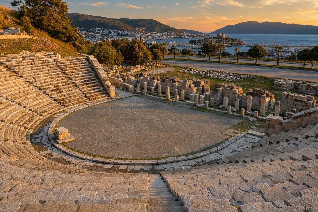 Steinstufen und Orchestra des antiken Theaters von Bodrum, dahinter Hafen, Burg und Ägäis
